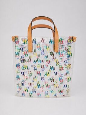 Dooney & Bourke Clear Tote with Multicolor DB Print and Tan Handles